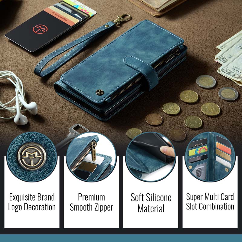 CaseMe Retro Zipper Wallet Case Blue