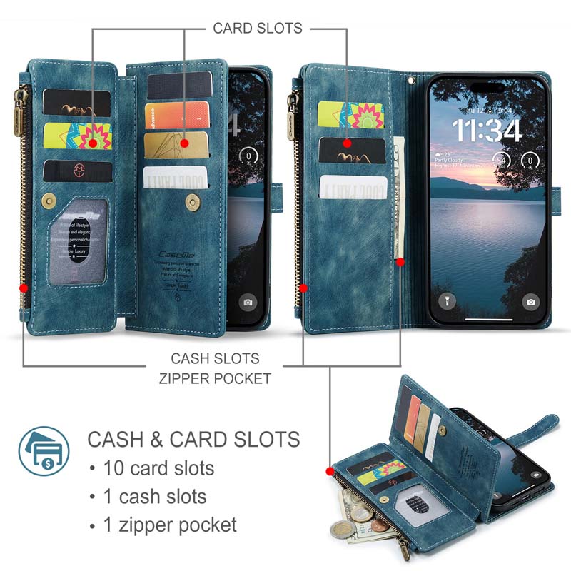 CaseMe Retro Zipper Wallet Case Blue