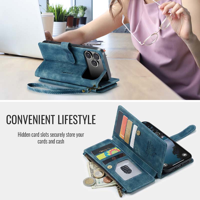 CaseMe Retro Zipper Wallet Case Blue