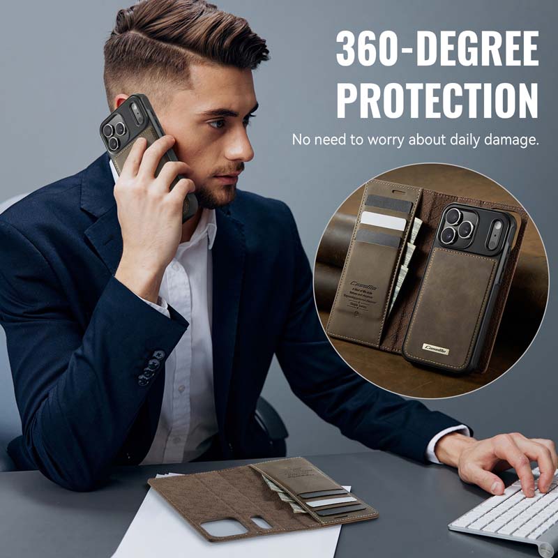 Caseme Leather Magnetic Flip Detachable Wallet Phone Case Brown