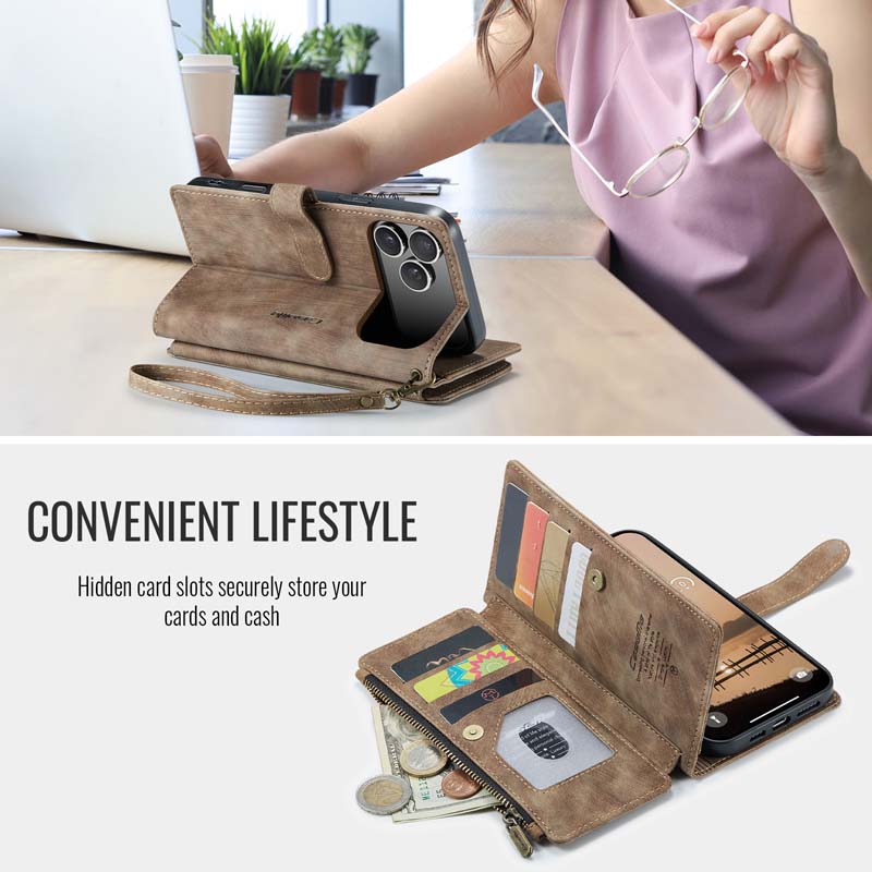 CaseMe Retro Zipper Wallet Case Brown
