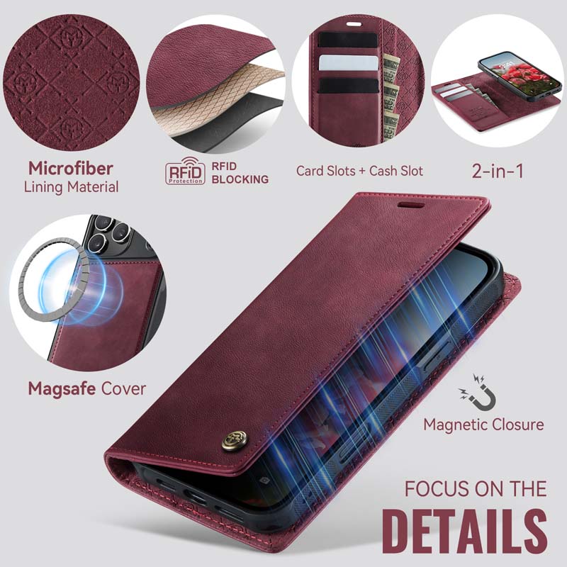 Caseme Leather Magnetic Flip Detachable Wallet Phone Case Red Wine