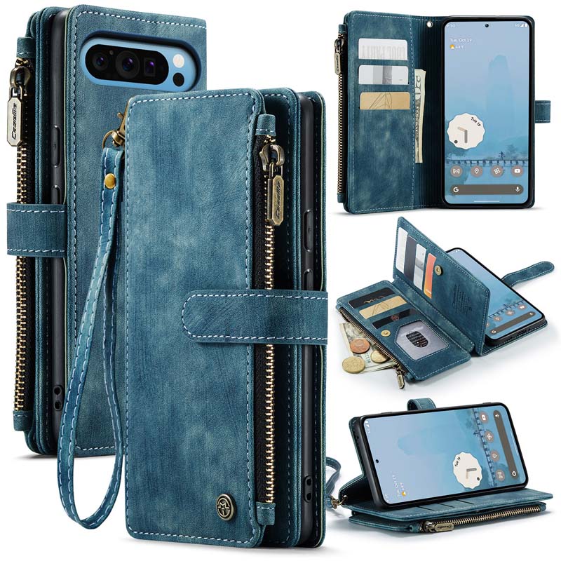 CaseMe Retro Zipper Wallet Case Blue